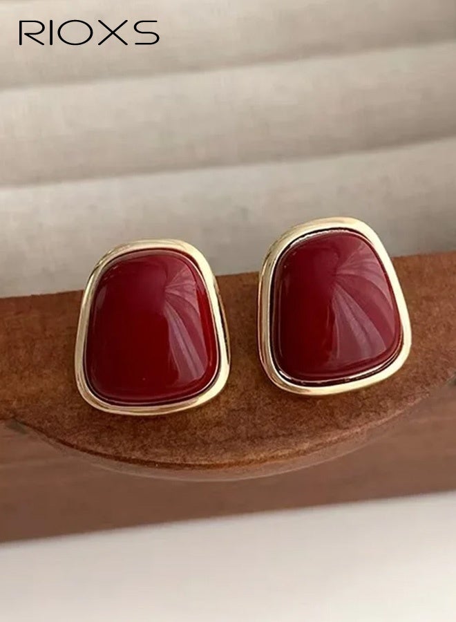 RIOXS Women's Vintage Trapezoid Earrings, Hypoallergenic 925 Sterling Silver Studs Gold-rimmed Eye-Catching Jewelry Elegant, Perfect for Fall Fashion Accessories, Gifts, Parties, Anniversaries, Dating, Red - Image 4